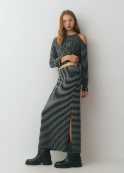 Brownie Faldas|Total Look*Falda midi raya tejida bicolor Negro