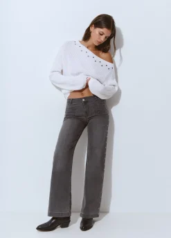 Brownie Pantalones|Jeans*Pantalón culotte bordado estrellas Gris